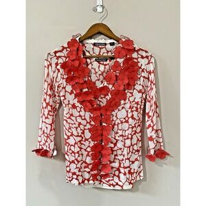 Michael Simon Cardigan & Matching Top Womens P/S Red Applique Floral Sweater Set
